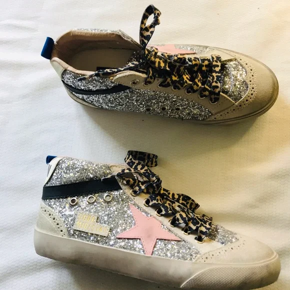 Golden goose mid star Silver Glitter High-Top Sneakers with Pink Star - Picture 7 of 16